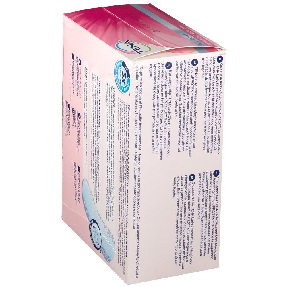 Boîte TENA Lady Discreet Mini Magic, en biais. Dos avec texte et image du produit. '3x protection'.
