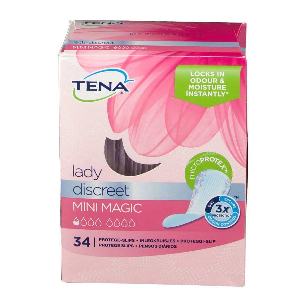 Boîte TENA Lady Discreet Mini Magic. Emballage rose avec image et texte. 'Locks in odour & moisture instantly'.