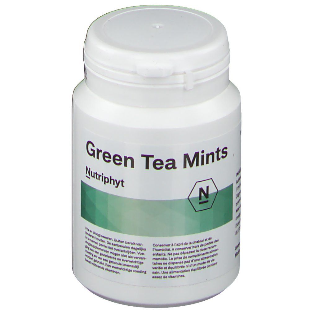Flacon blanc avec étiquette verte. Inscription : Green Tea Mints, Nutriphyt. Couvercle à charnière.