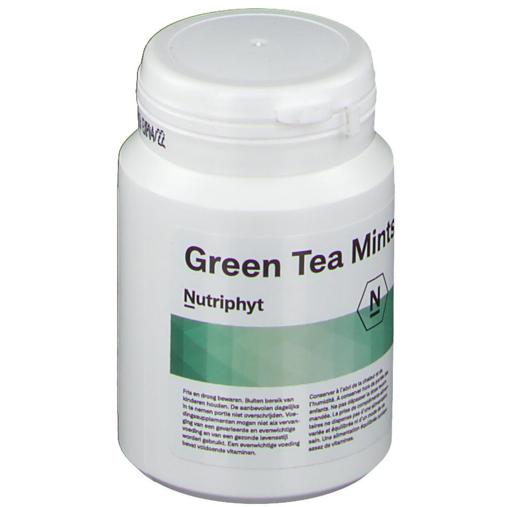 Flacon blanc avec étiquette verte. Inscription : Green Tea Mints, Nutriphyt. Couvercle à charnière.