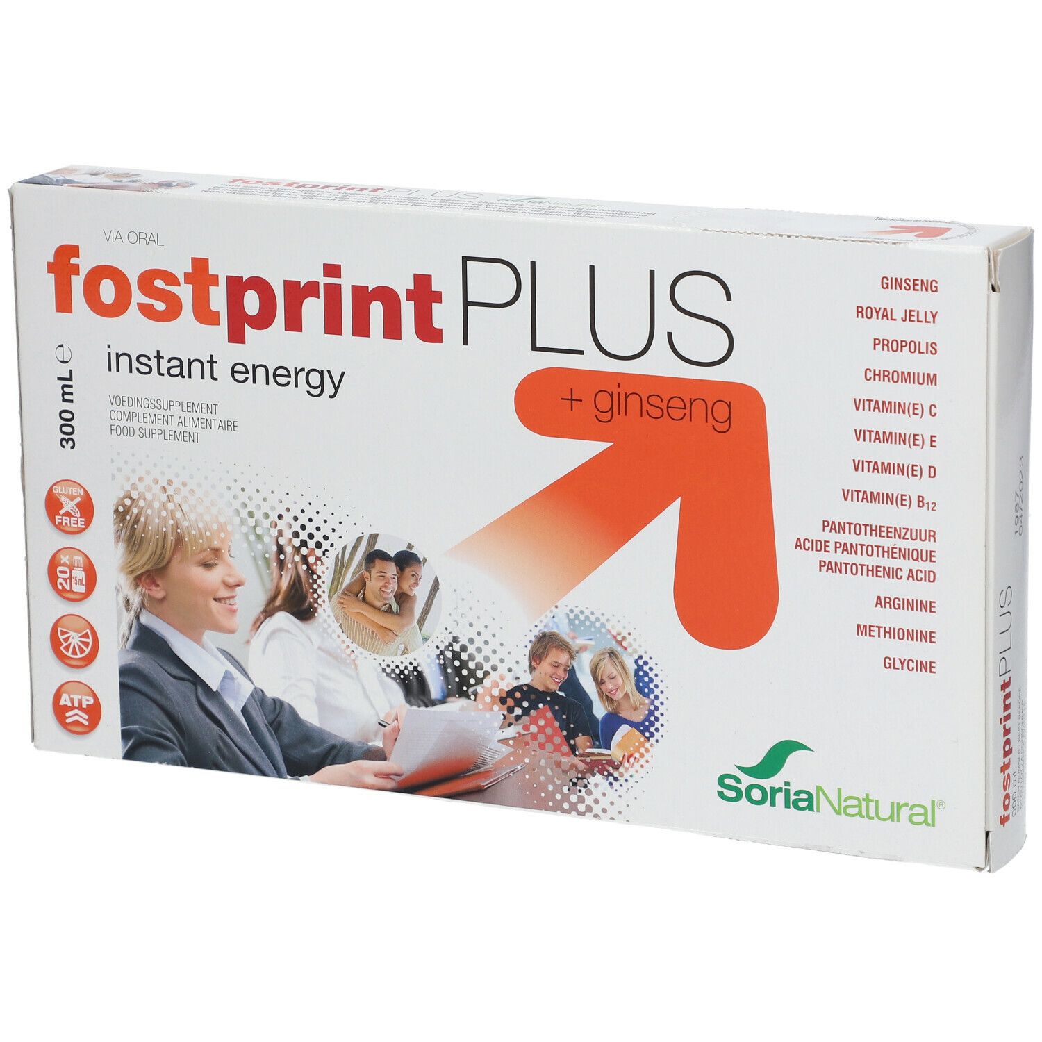 Doos van Fostprint PLUS. Opschrift: instant energy, + ginseng, Soria Natural. Bevat ginseng, koninginnengelei, vitaminen.