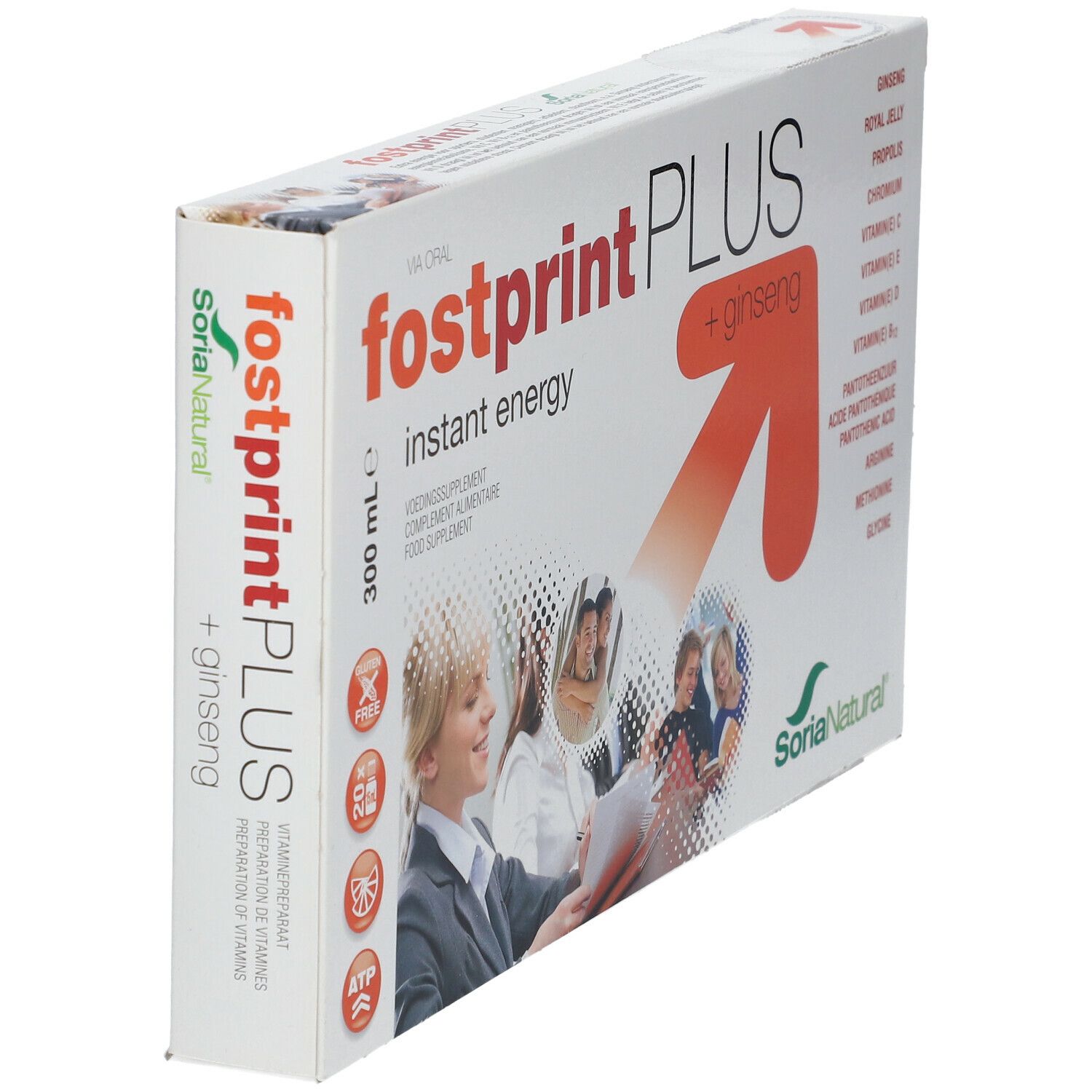 Schuine weergave van de Fostprint PLUS-verpakking. Opschrift: instant energy, + ginseng, Soria Natural. Bevat ginseng, koninginnengelei, vitaminen.