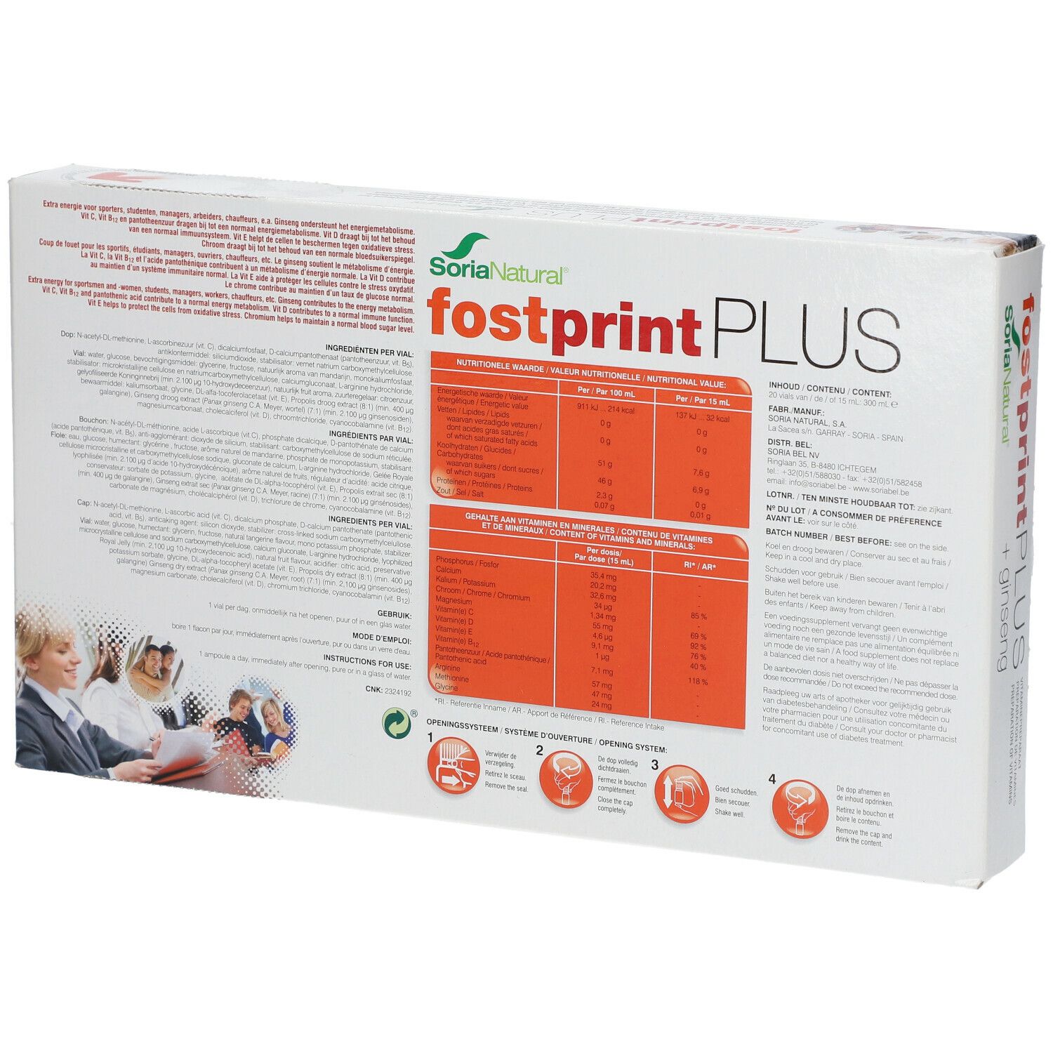 Achterkant van de Fostprint PLUS-verpakking. Bevat informatie over ingrediënten en voedingswaarde. Merk: Soria Natural.