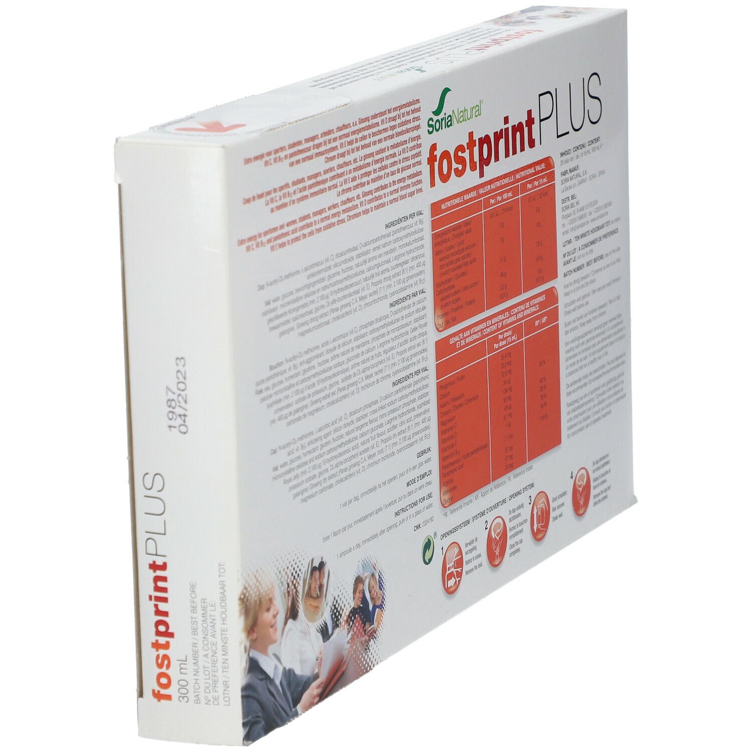 Schuine weergave van de achterkant van de Fostprint PLUS-verpakking. Bevat informatie over ingrediënten en voedingswaarde. Merk: Soria Natural.