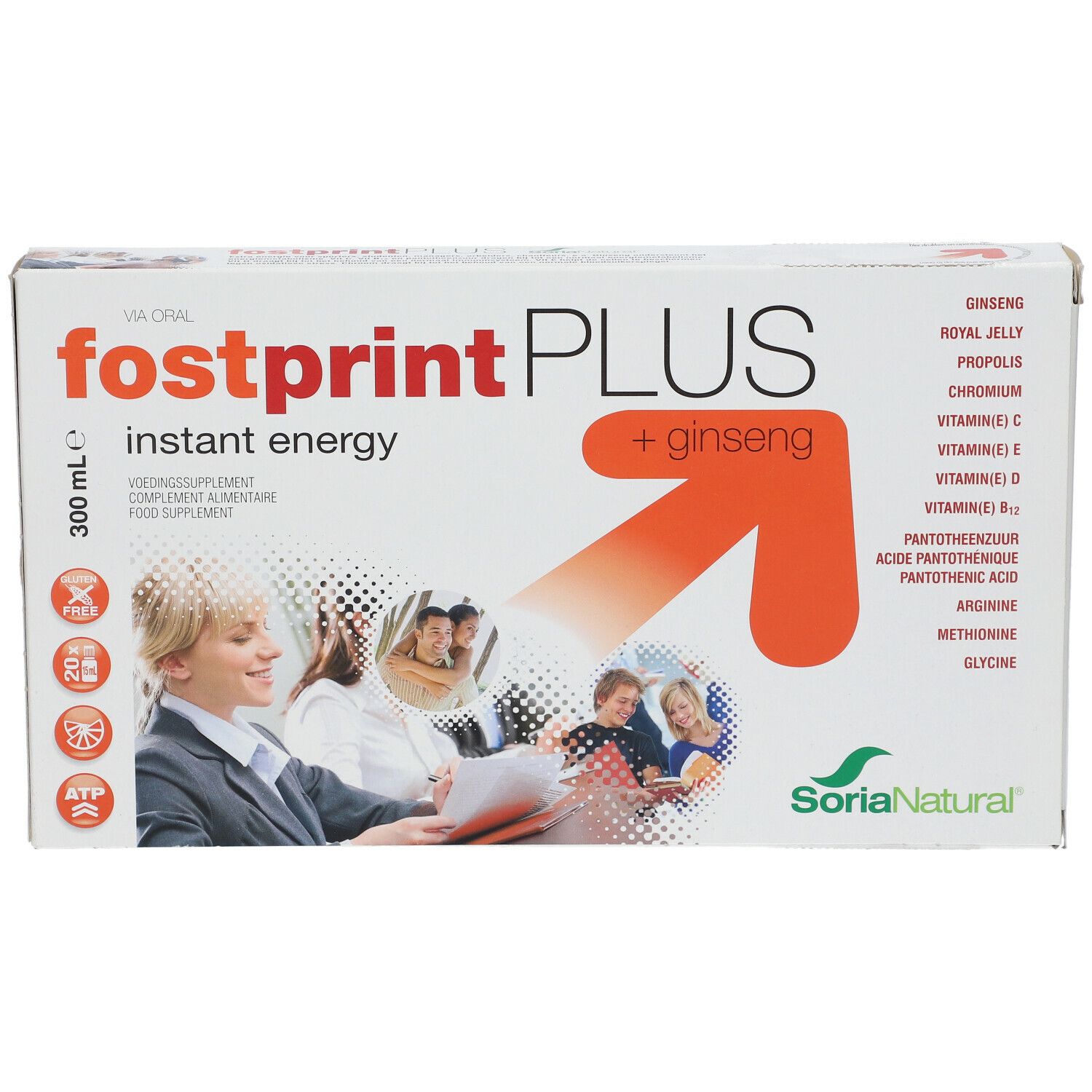 Doos van Fostprint PLUS. Opschrift: instant energy, + ginseng, Soria Natural. Bevat ginseng, koninginnengelei, vitaminen.