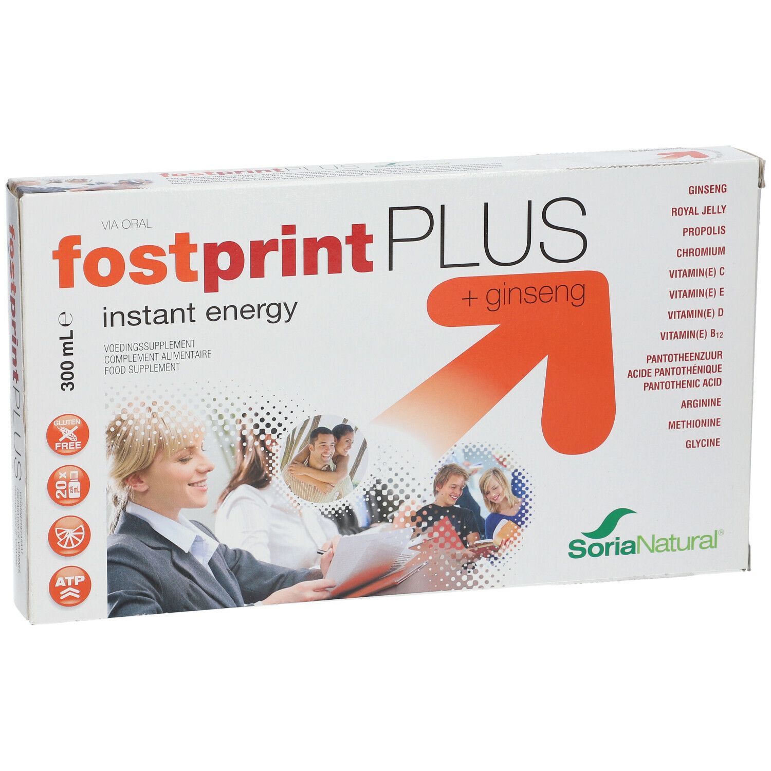 Doos van Fostprint PLUS. Opschrift: instant energy, + ginseng, Soria Natural. Bevat ginseng, koninginnengelei, vitaminen.