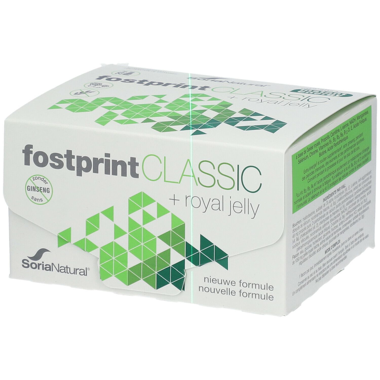 Boîte blanche avec logo "fostprint CLASSIC + royal jelly". Motifs géométriques verts et blancs. Marque SoriaNatural.