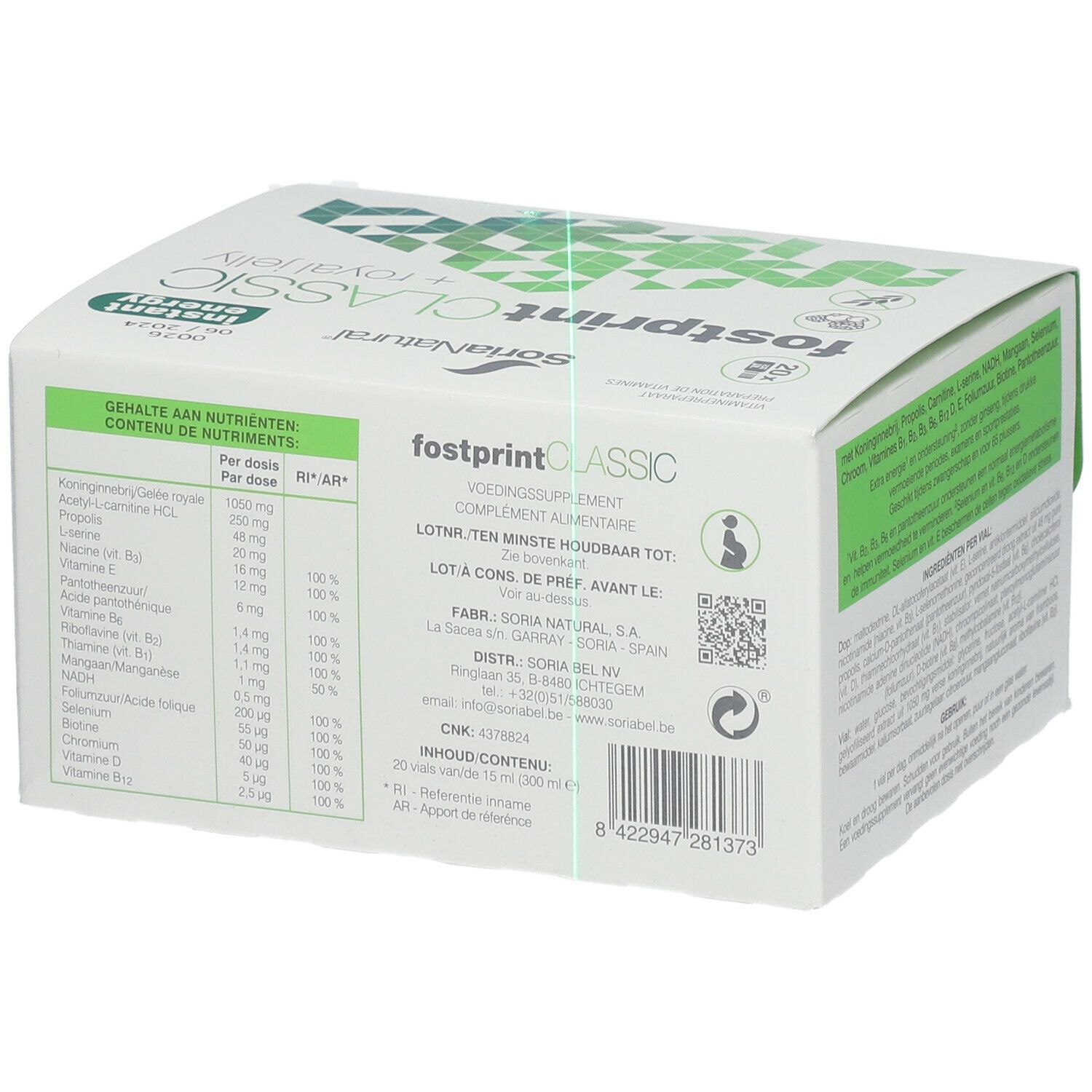 Dos de la boîte avec informations nutritionnelles. Logo "fostprint CLASSIC". Marque SoriaNatural. Texte multilingue.