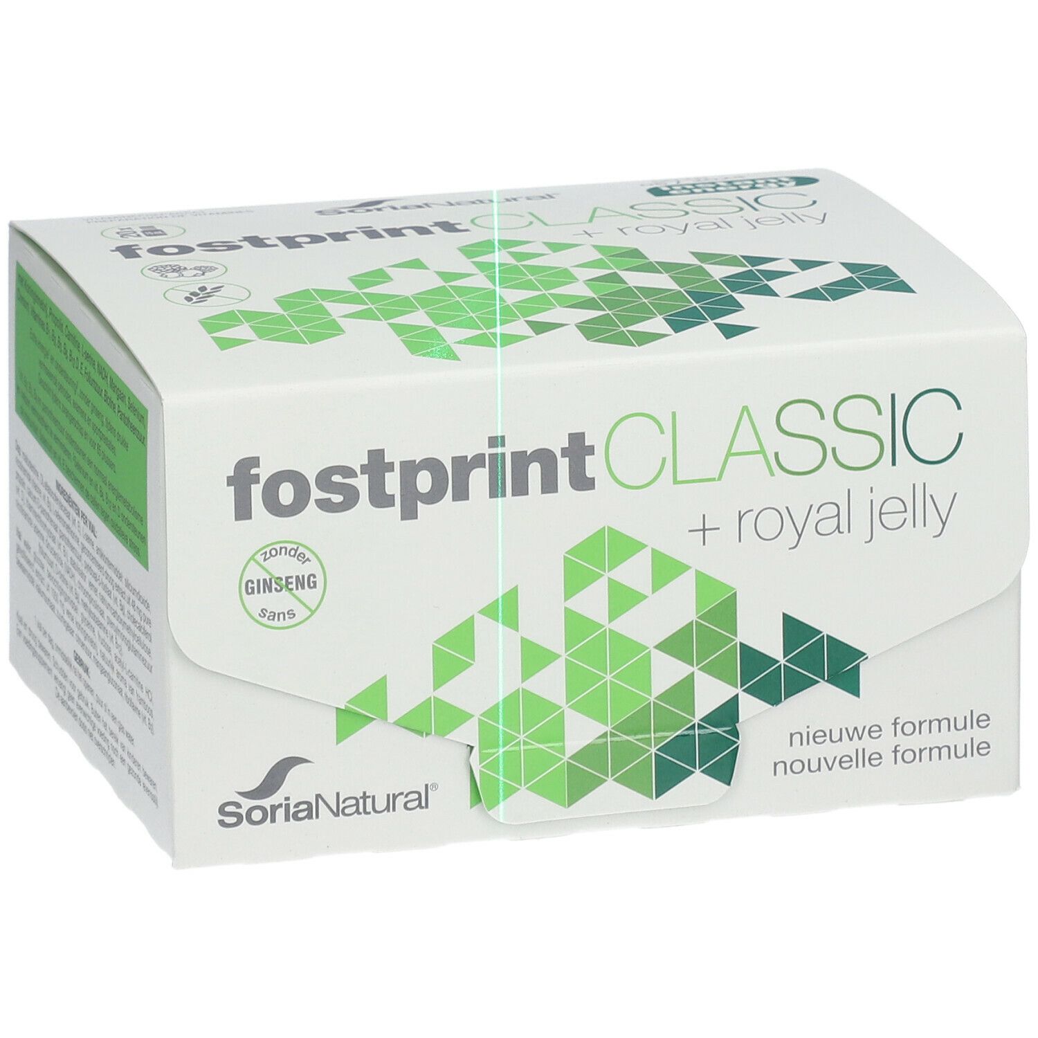 Boîte blanche avec logo "fostprint CLASSIC + royal jelly". Motifs géométriques verts et blancs. Marque SoriaNatural.