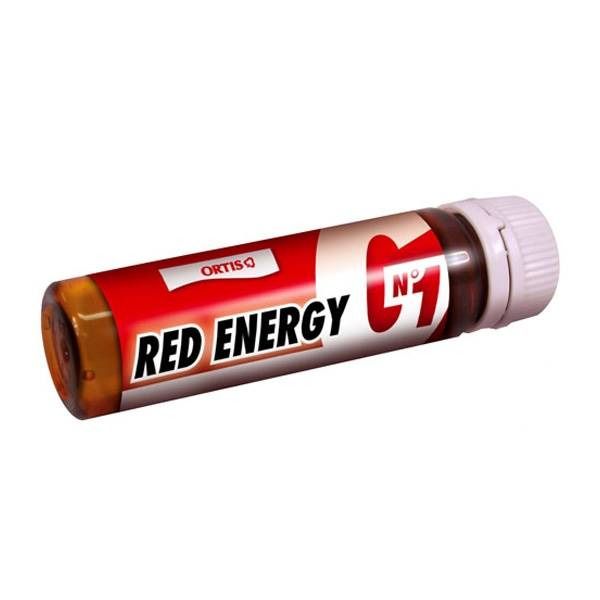 Flacon cylindrique avec étiquette rouge et blanche. Inscription Ortis Red Energy. Bouchon blanc.