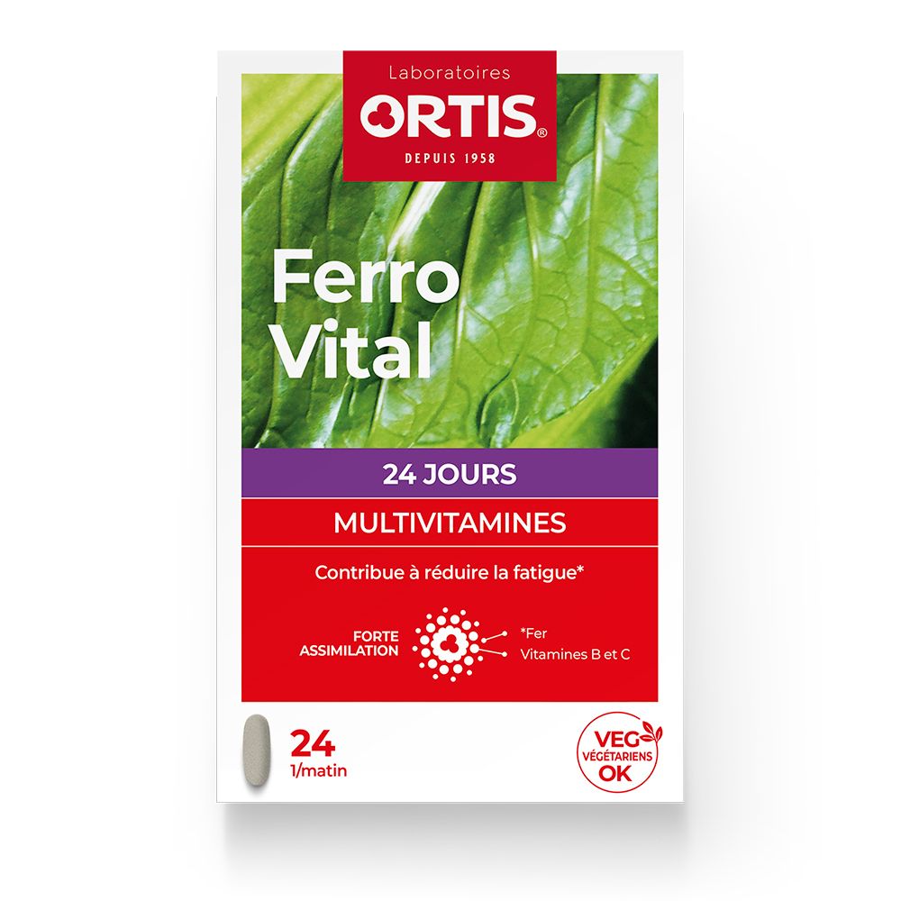 Ortis Ferro Vital. Boîte de 24 comprimés multivitamines. Végétarien.