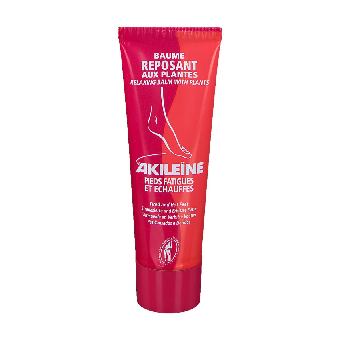 Tube rouge AKILEINE. Texte: Baume reposant aux plantes, Pieds fatigués et échauffés. Illustration d'un pied.
