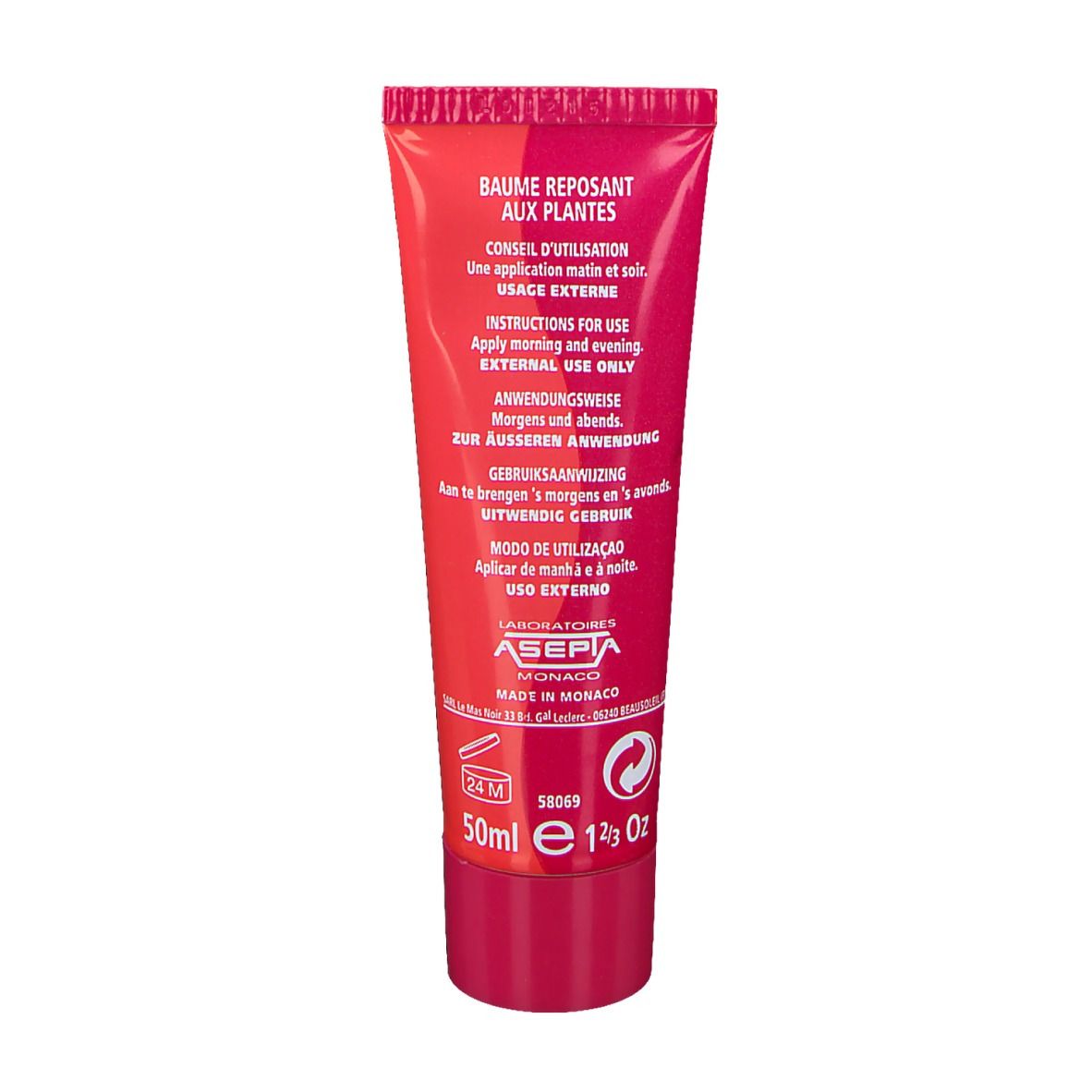 Dos du tube rouge. Texte: Conseils d'utilisation, 50ml, ASEPTA Monaco. Usage externe.