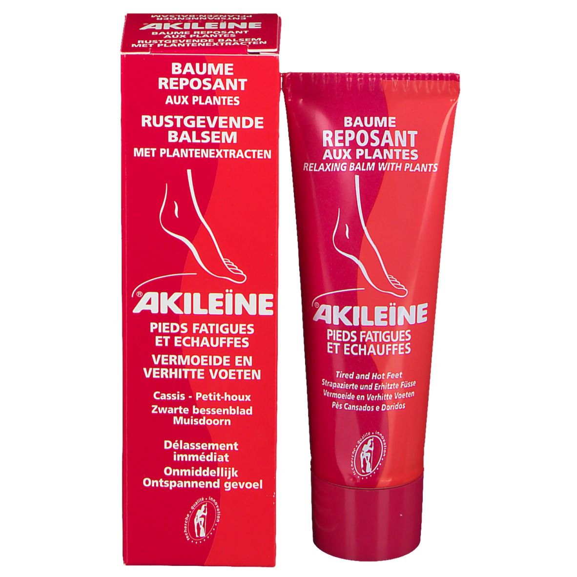 Emballage produit: tube et boîte. AKILEINE, illustration pied. Texte: Pieds fatigués et échauffés. Baume reposant.