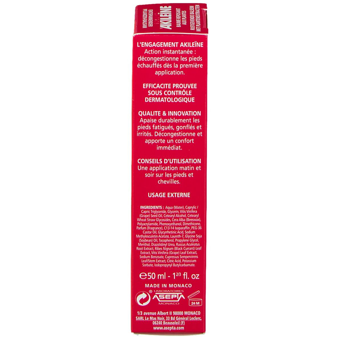 Dos de la boîte. Texte: Ingrédients, conseils d'utilisation, 50ml, ASEPTA Monaco. Usage externe.