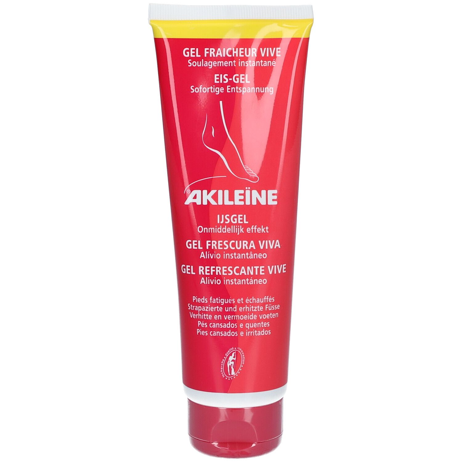 Tube rouge avec texte blanc. Inscription: Akileine Eis-Gel. Illustration de pied. Couleurs jaune et rouge.