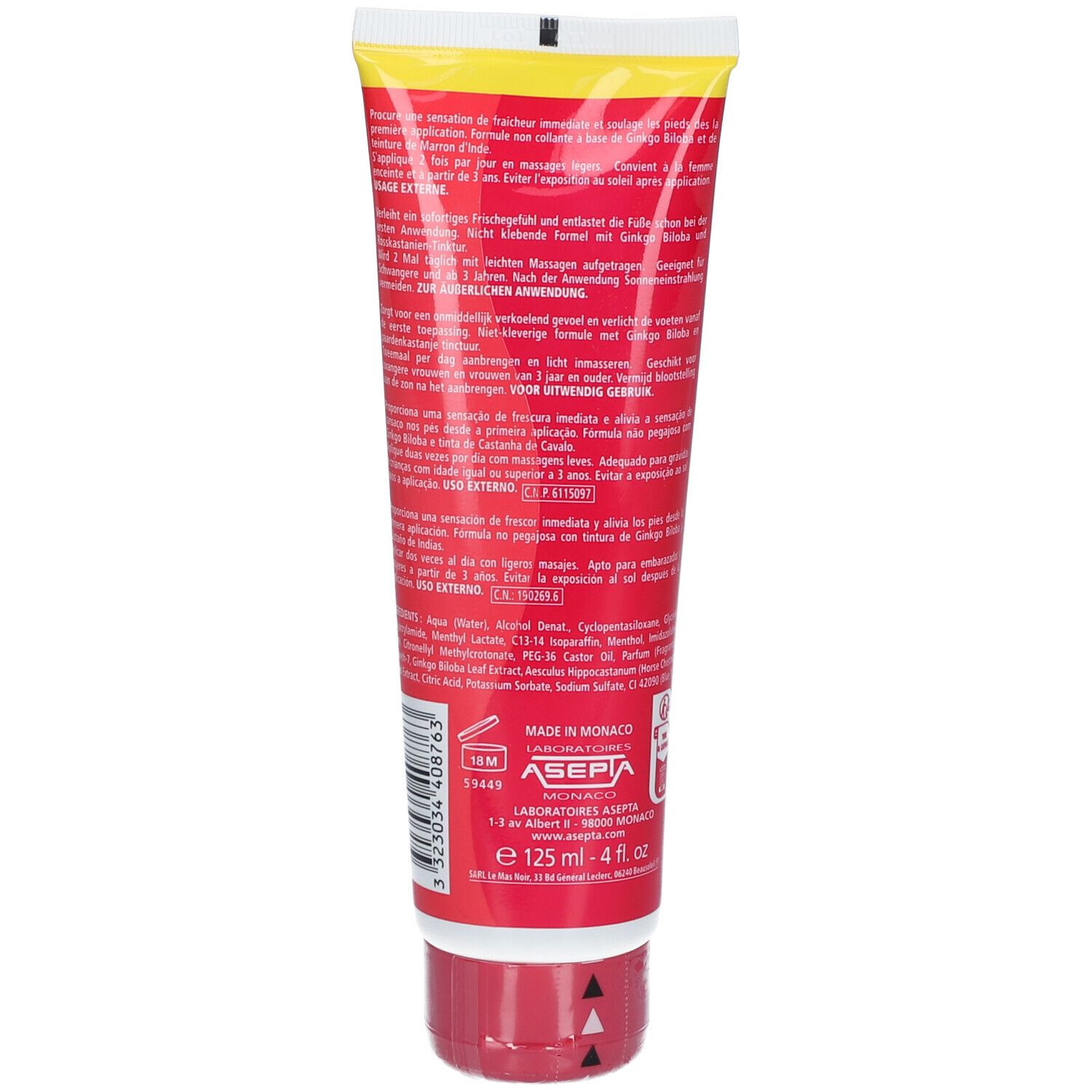 Dos du tube rouge. Texte en plusieurs langues. Informations fabricant et ingrédients.