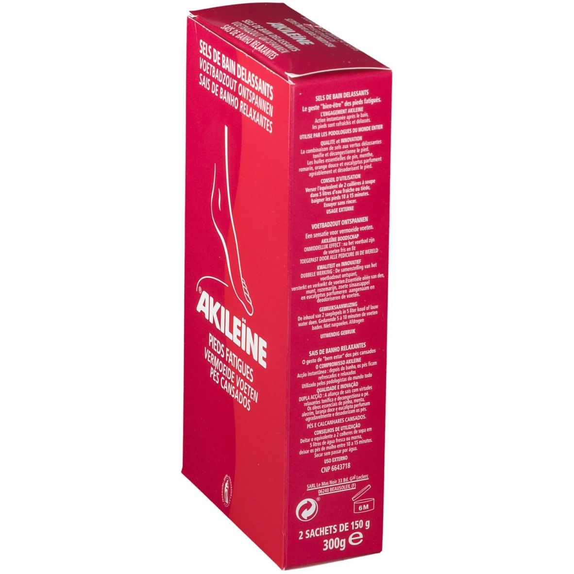 Boîte rouge avec illustration de pied blanc et texte Akileïne. Vue latérale avec texte et informations sur le produit.