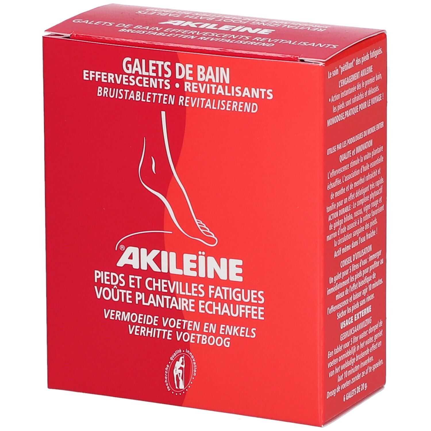 Rode doos met productnaam en voetillustratie. Tekst: Galets de Bain, Akileine, vermoeide voeten en enkels, voetboog.