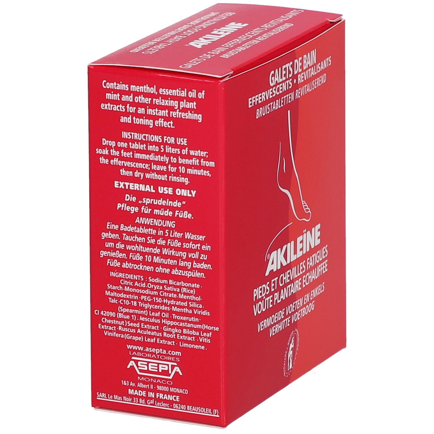 Rode doos, zijaanzicht. Tekst: Akileine, ingrediënten, gebruiksaanwijzing, alleen voor uitwendig gebruik, gemaakt in Frankrijk.