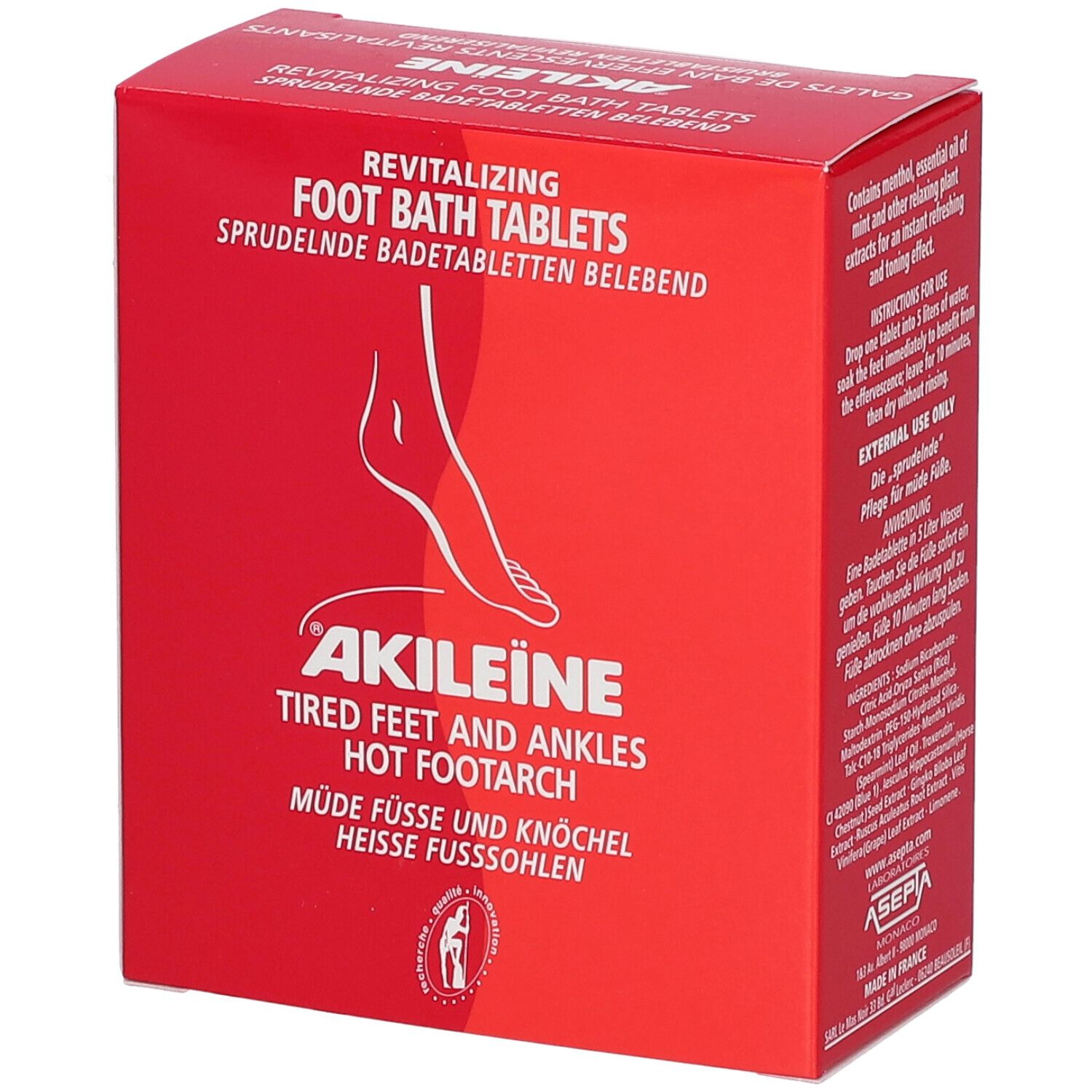Rode doos met productnaam en voetillustratie. Tekst: Revitaliserende voetbadtabletten, Akileine, vermoeide voeten en enkels, voetboog.