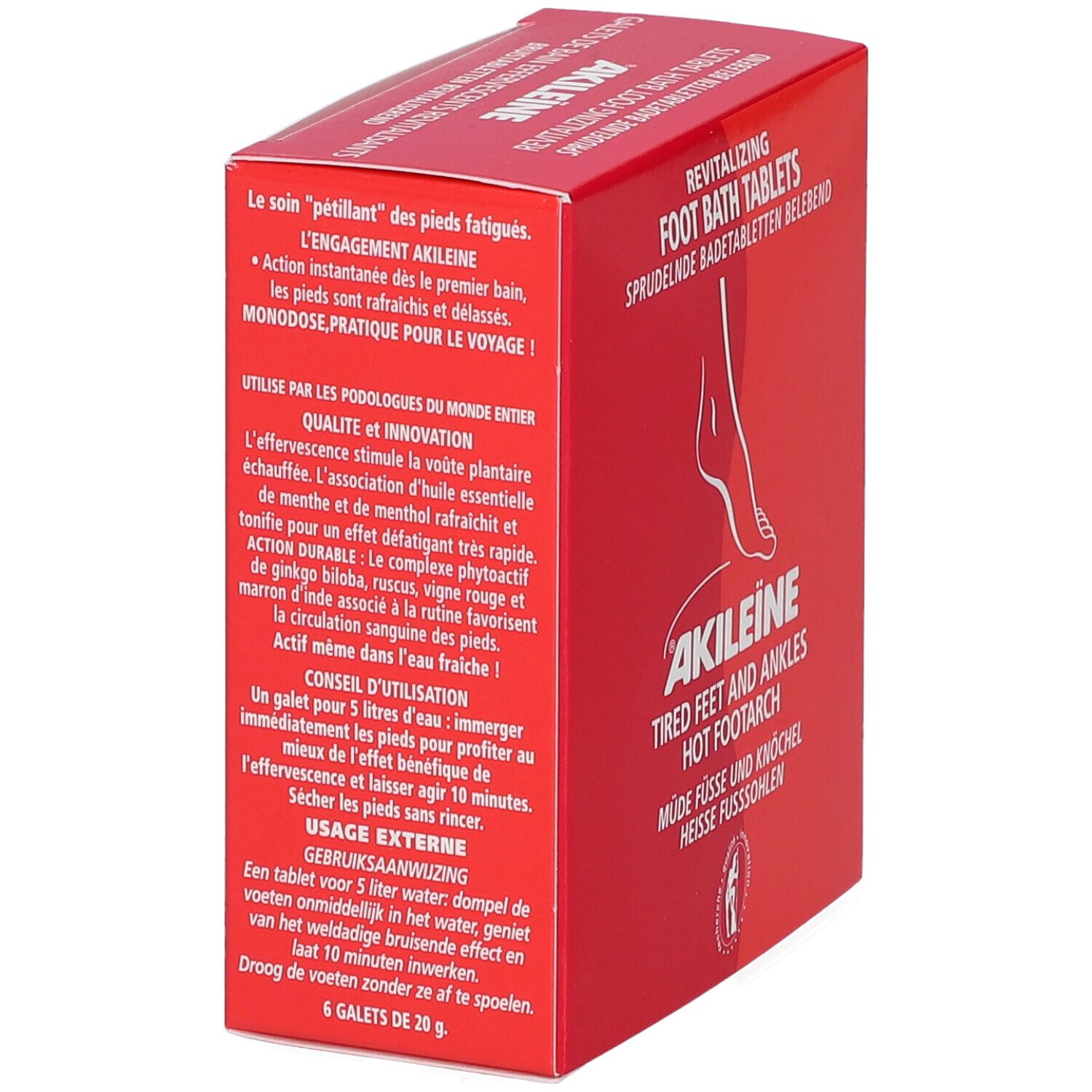 Rode doos, zijaanzicht. Tekst: Akileine, gebruiksaanwijzing, 6 tabletten, 20g.