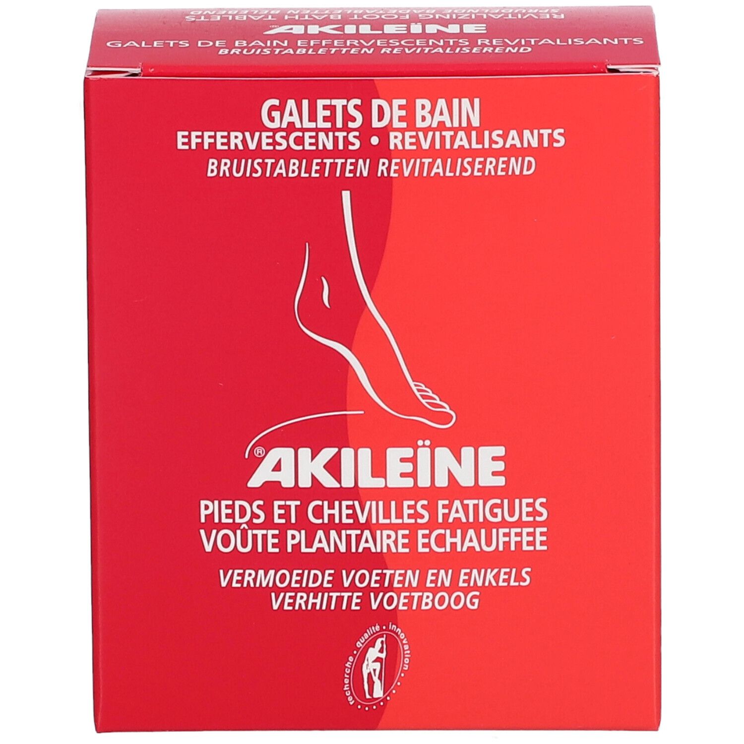 Rode doos met productnaam en voetillustratie. Tekst: Galets de Bain, Akileine, vermoeide voeten en enkels, voetboog.