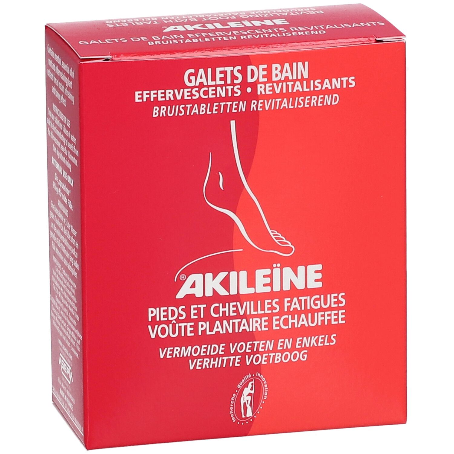 Rode doos met productnaam en voetillustratie. Tekst: Galets de Bain, Akileine, vermoeide voeten en enkels, voetboog.
