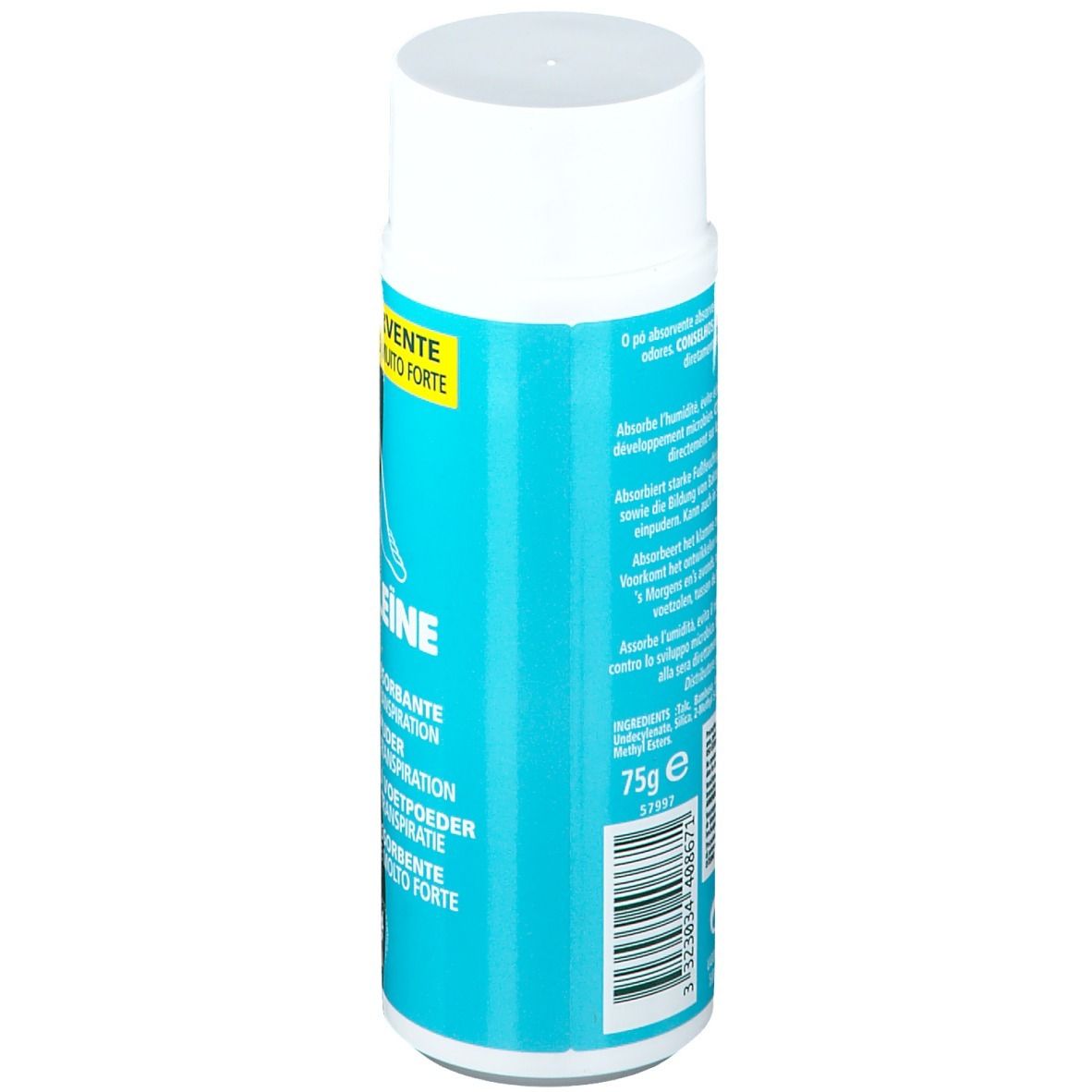 Dos du flacon cylindrique. Texte multilingue. Contient 75g. Code-barres et informations fabricant.