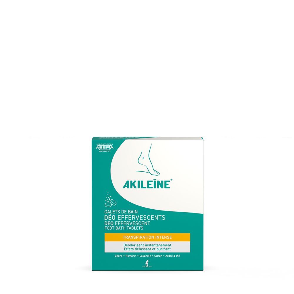 Boîte carrée AKILEINE. Illustration de pied. Texte: Galets de Bain, Deo Effervescents, Transpiration Intense. Couleur: vert et blanc.