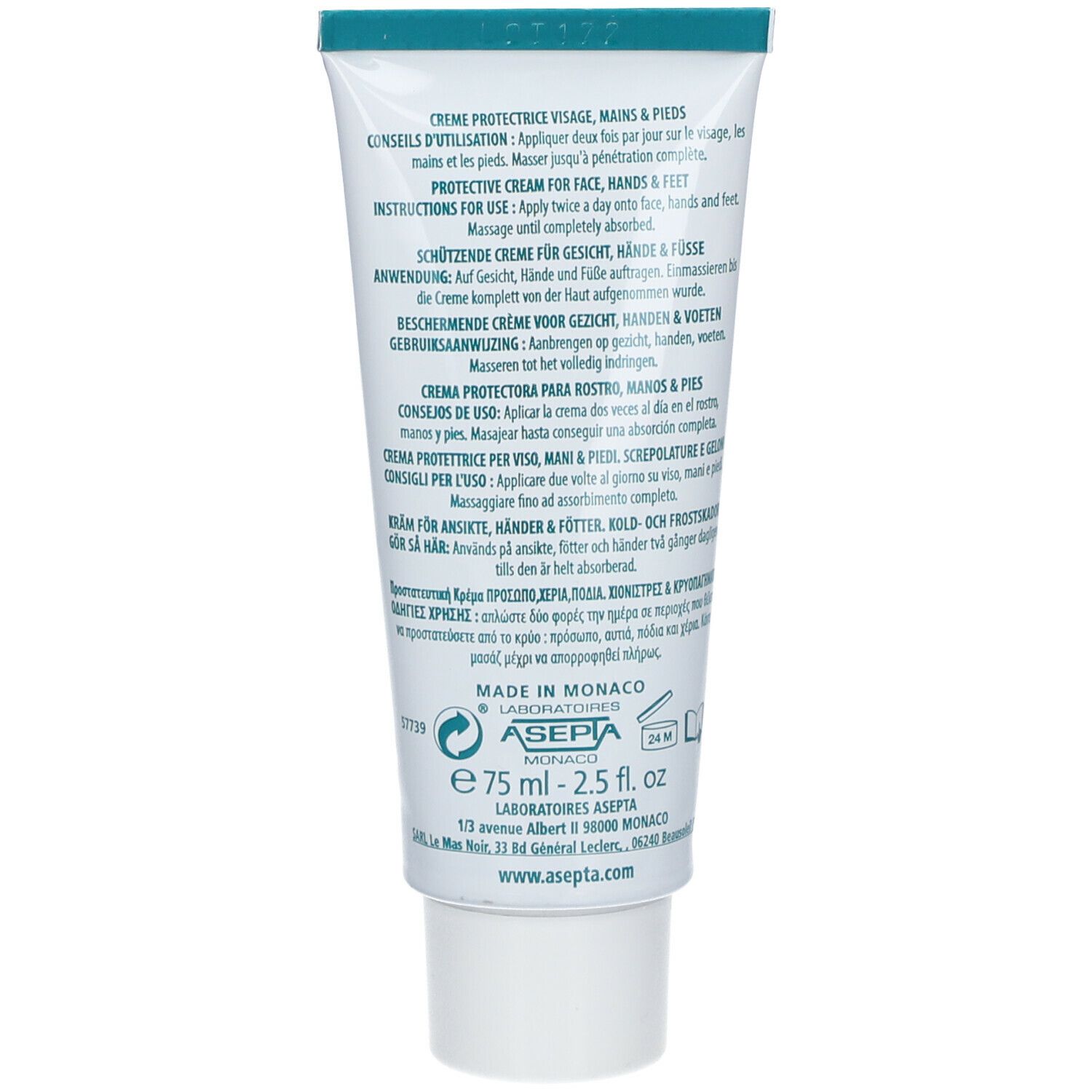 Dos du tube de crème. Texte multilingue : Crème protectrice visage, mains et pieds. Fabricant : ASEPTA.