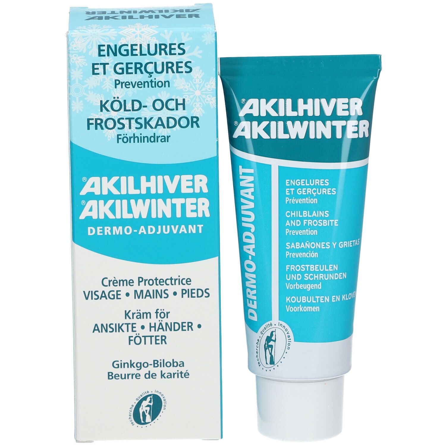 Emballage du produit avec tube. Inscription : AKILHIVER AKILWINTER. Texte : Dermo-Adjuvant, contre engelures. Crème visage, mains, pieds.