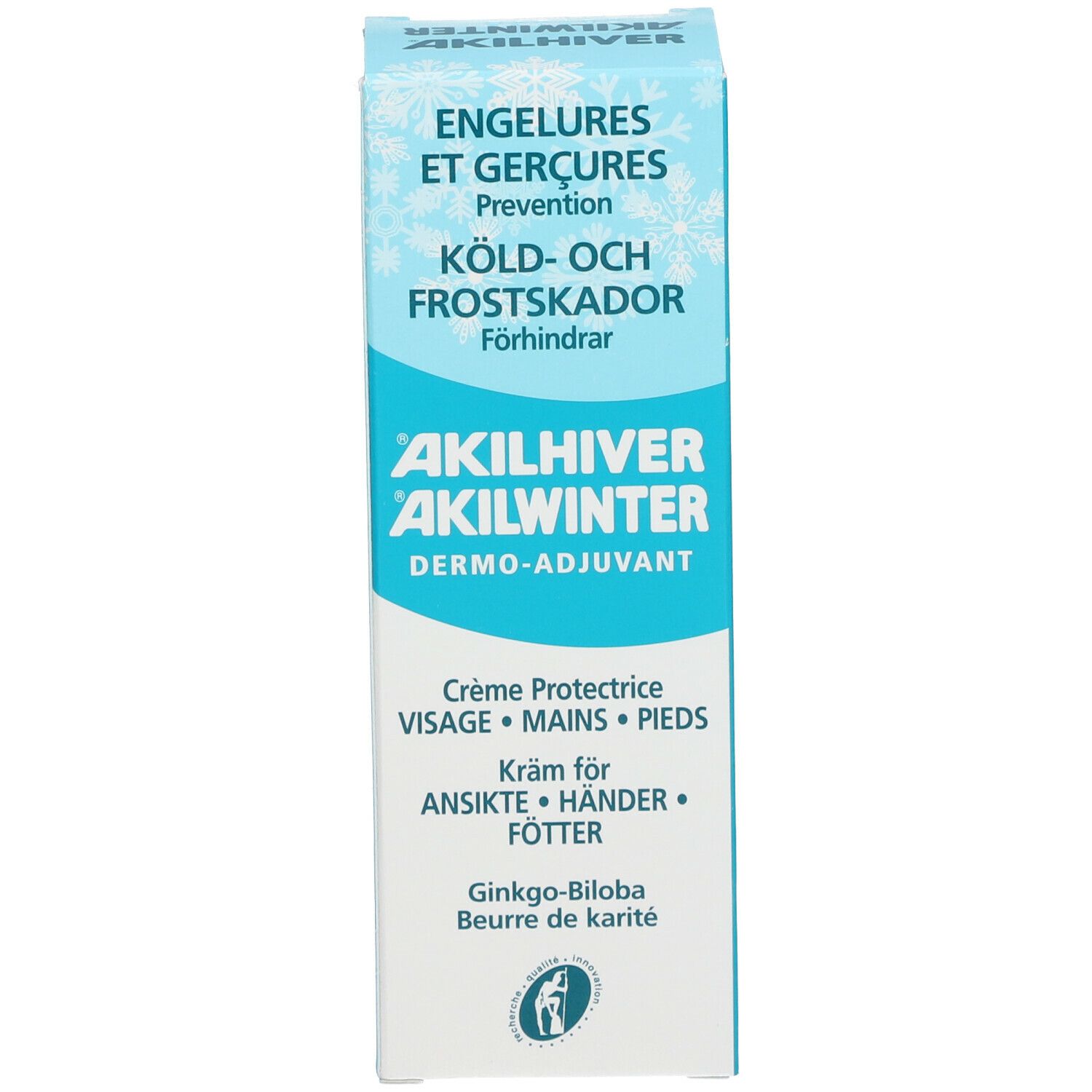 Emballage du produit. Inscription : AKILHIVER AKILWINTER. Texte : Dermo-Adjuvant, contre engelures. Crème visage, mains, pieds.
