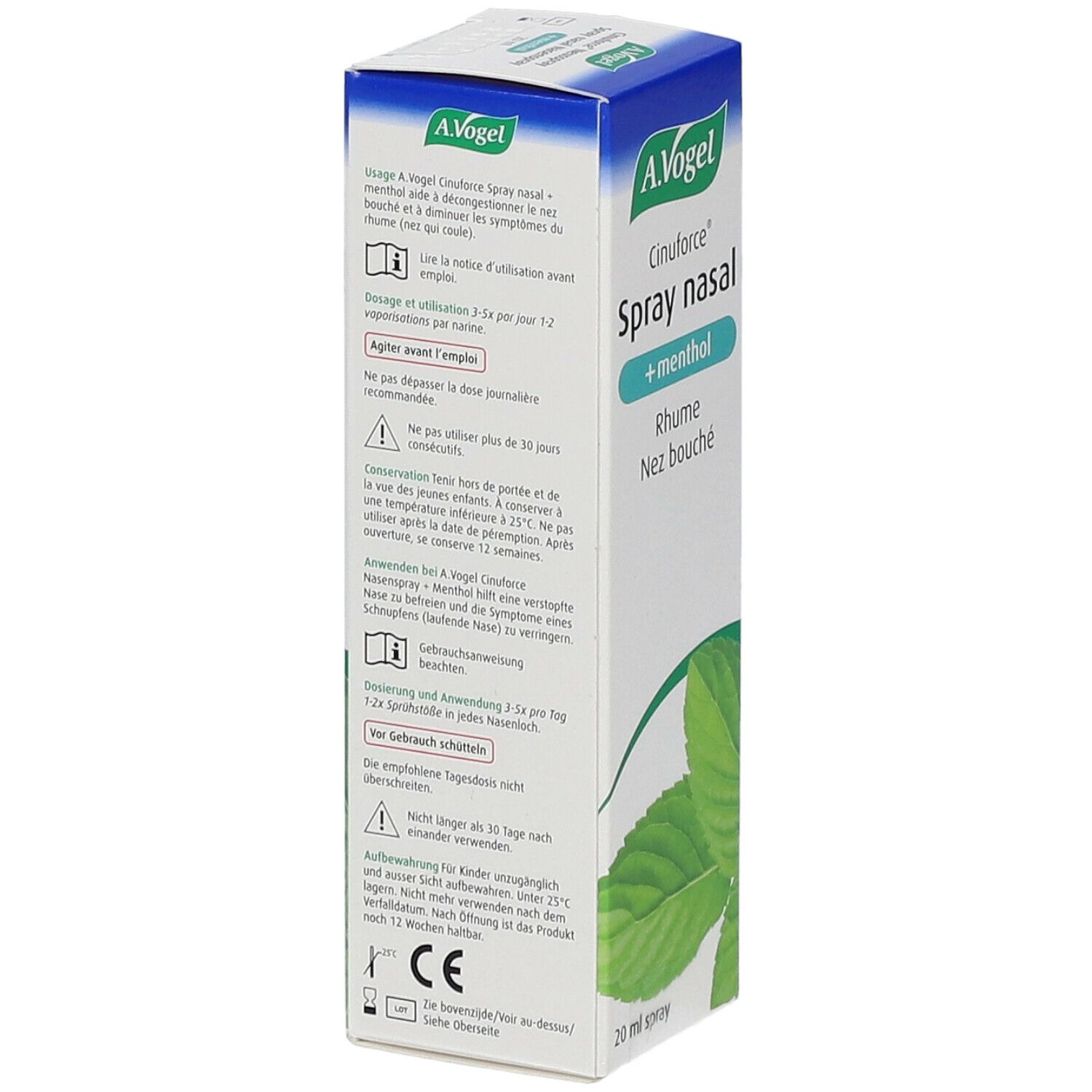 Achterkant van de A. Vogel Cinuforce Nasenspray + menthol doos. Tekst en informatie op witte achtergrond.