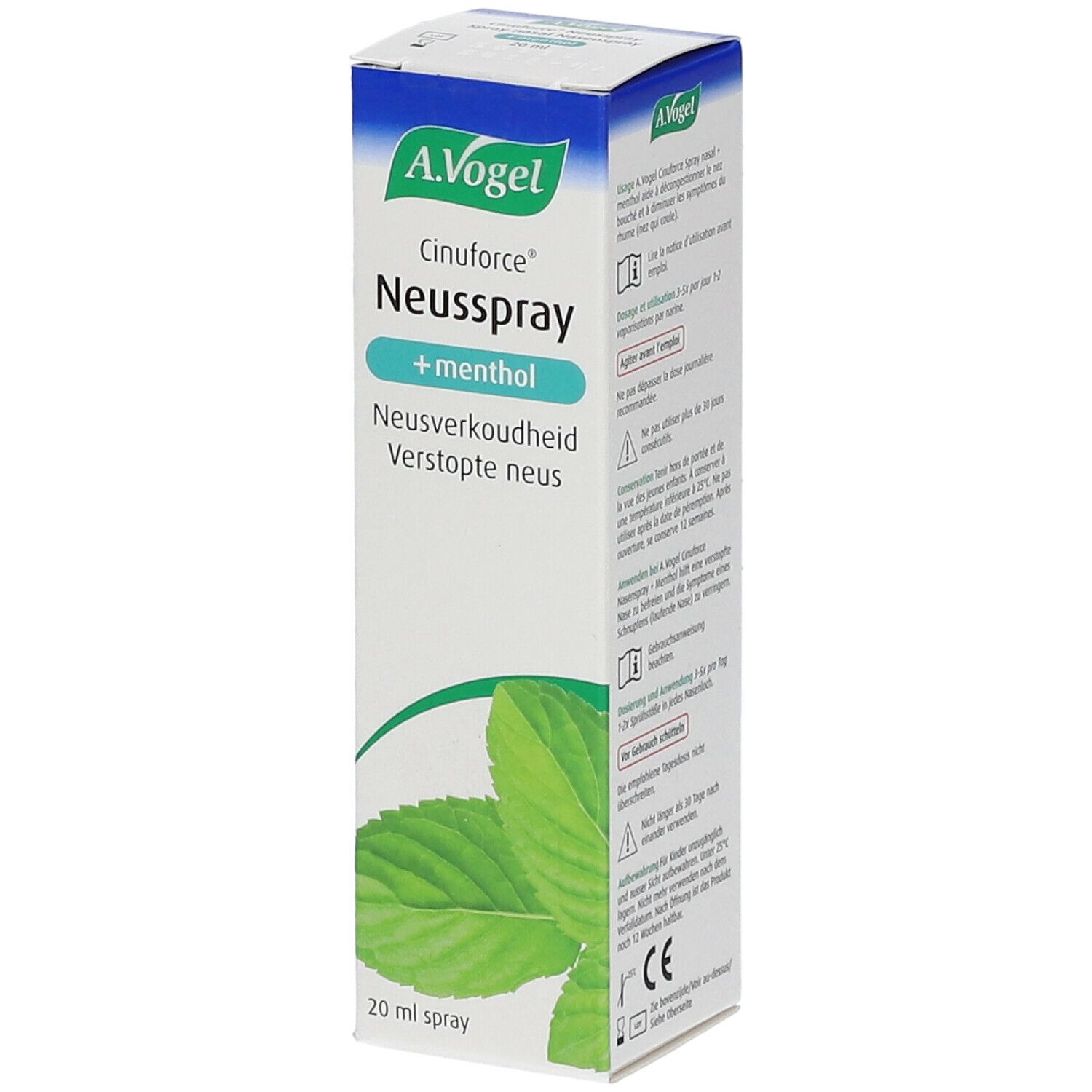 A. Vogel Cinuforce Neusspray + menthol. Witte doos met groene bladeren en productinformatie.