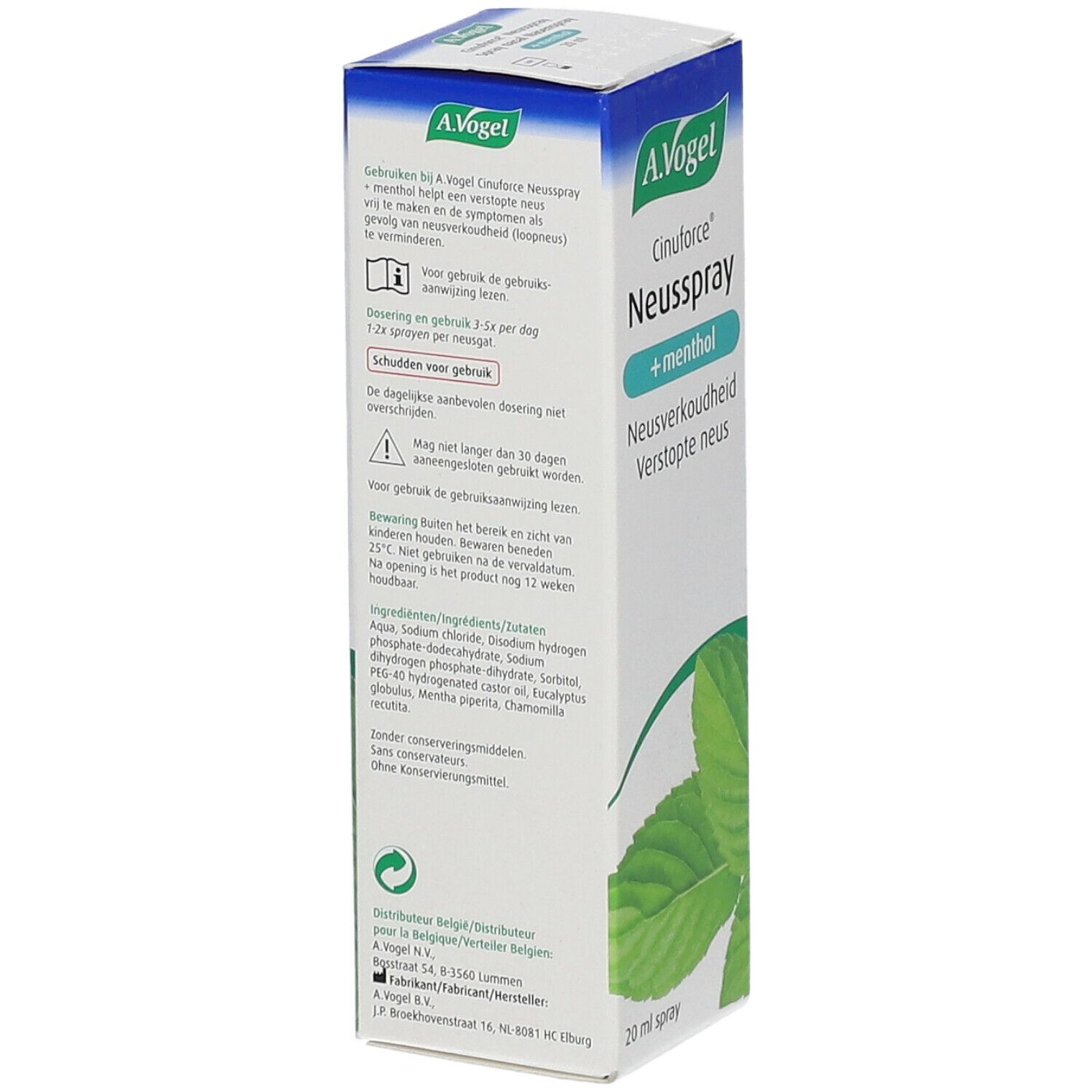Achterkant van de A. Vogel Cinuforce Neusspray + menthol doos. Tekst en informatie op witte achtergrond.