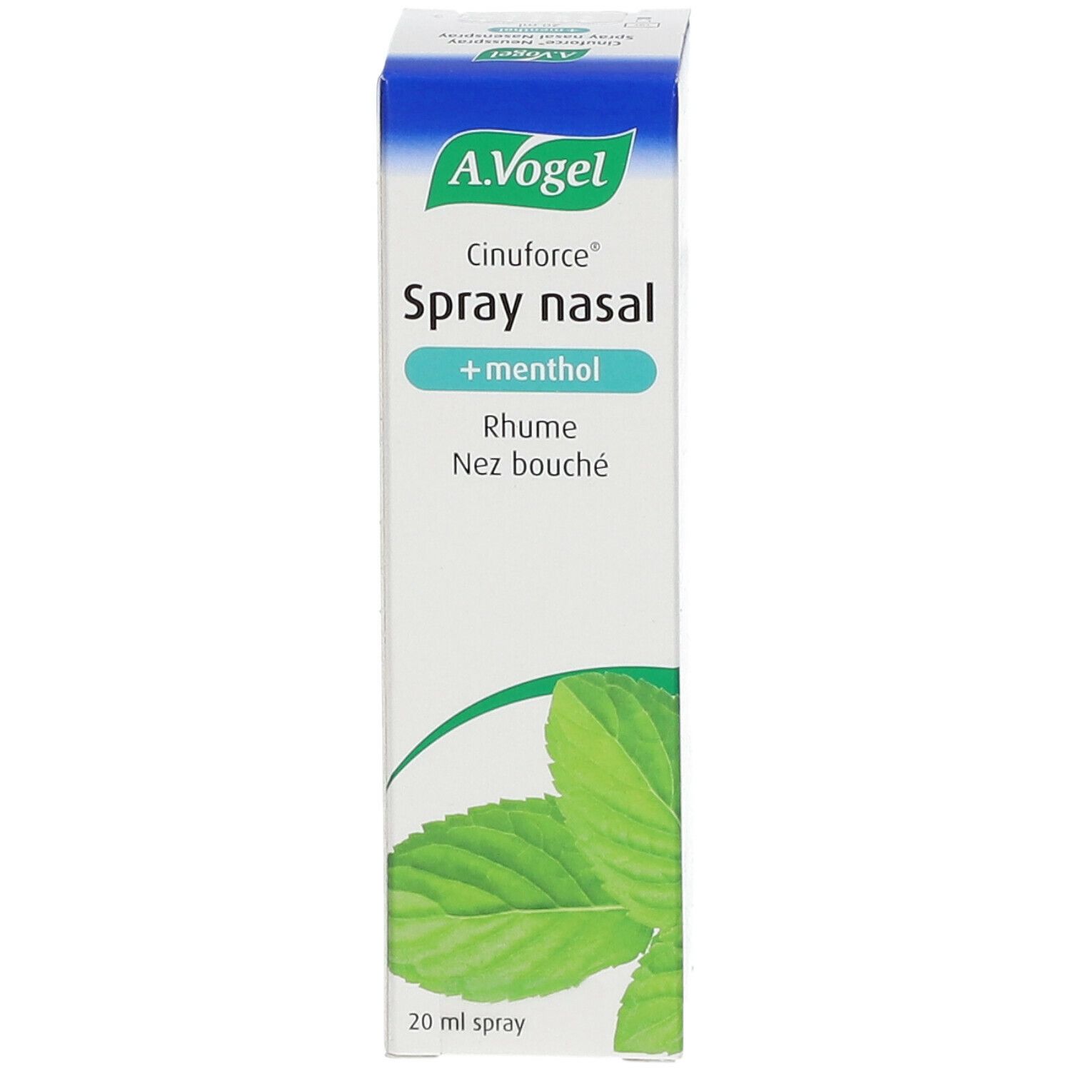 A. Vogel Cinuforce Nasenspray + menthol. Witte doos met groene bladeren en productinformatie.