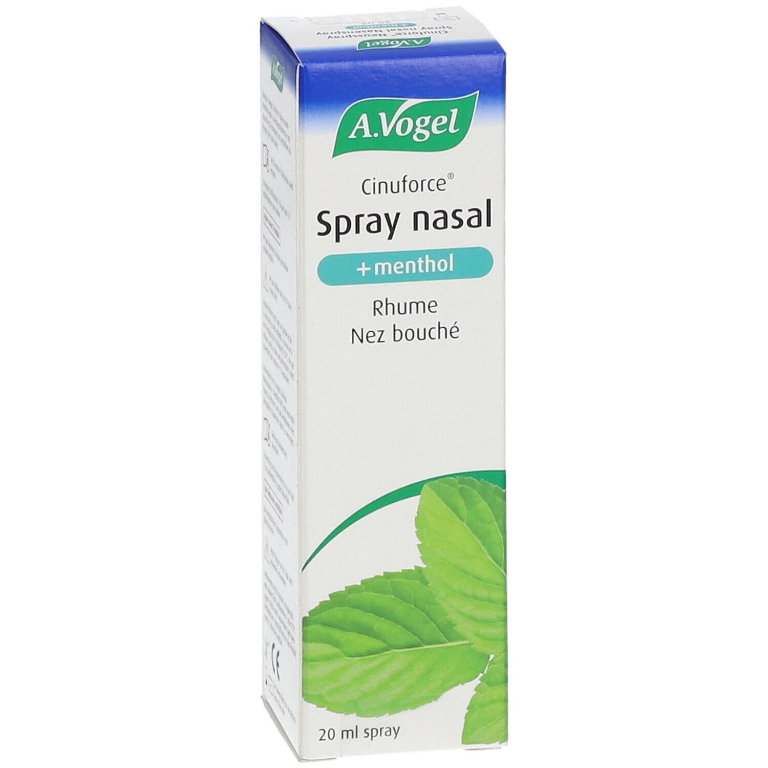 A. Vogel Cinuforce Nasenspray + menthol. Witte doos met groene bladeren en productinformatie.