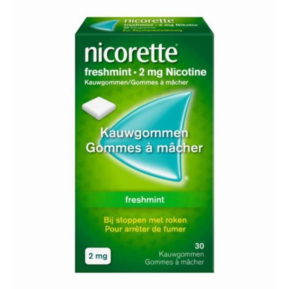 Doosje Nicorette Freshmint 2mg kauwgom. Groen, met wit vierkant kauwgum.