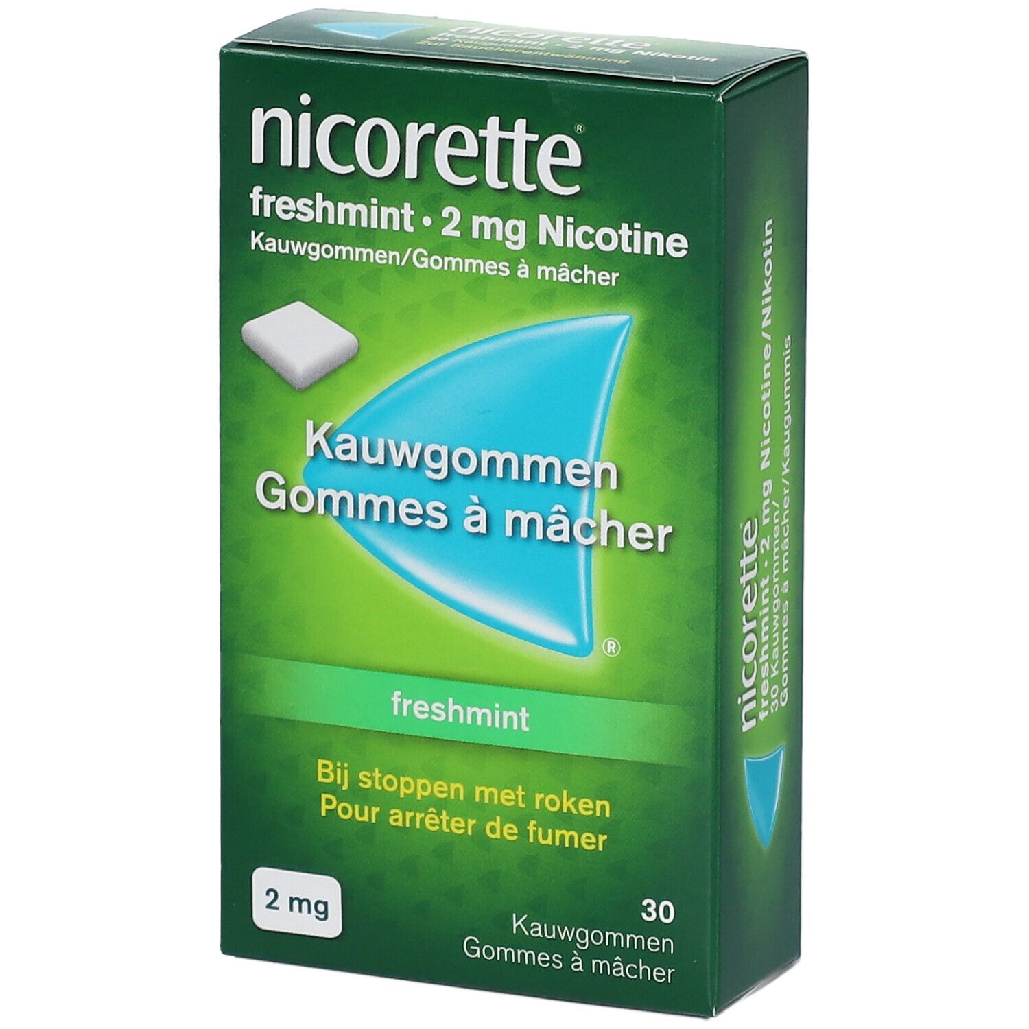 Doosje Nicorette Freshmint 2mg kauwgom. Groen, met wit vierkant kauwgum.