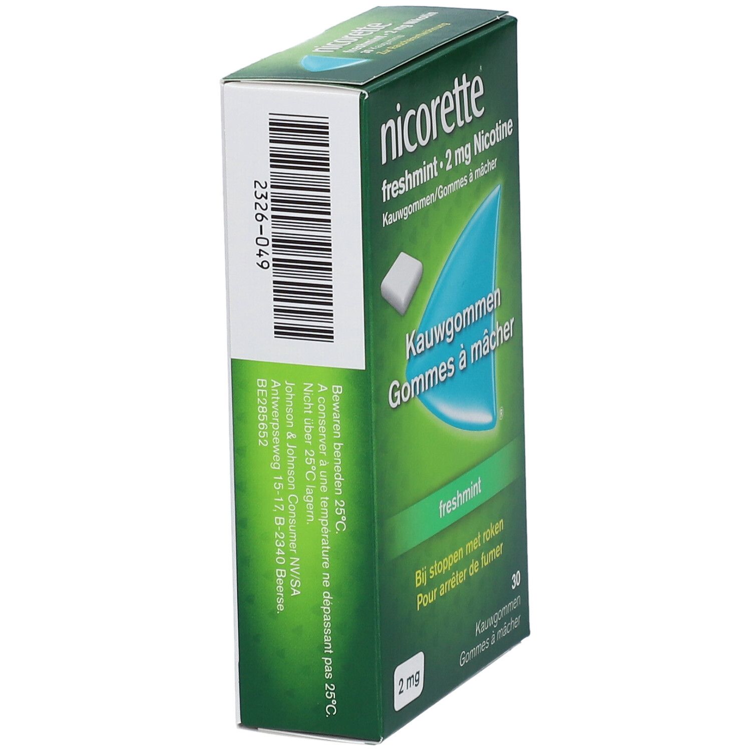 Doosje Nicorette Freshmint 2mg kauwgom. Achterkant, groen, met tekst en barcode.