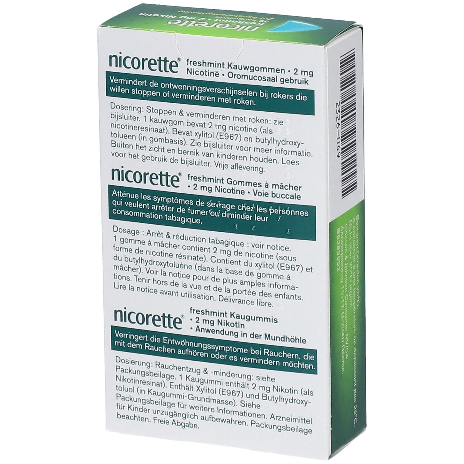 Tekst op groene achtergrond. Informatie over Nicorette Freshmint 2mg kauwgom.