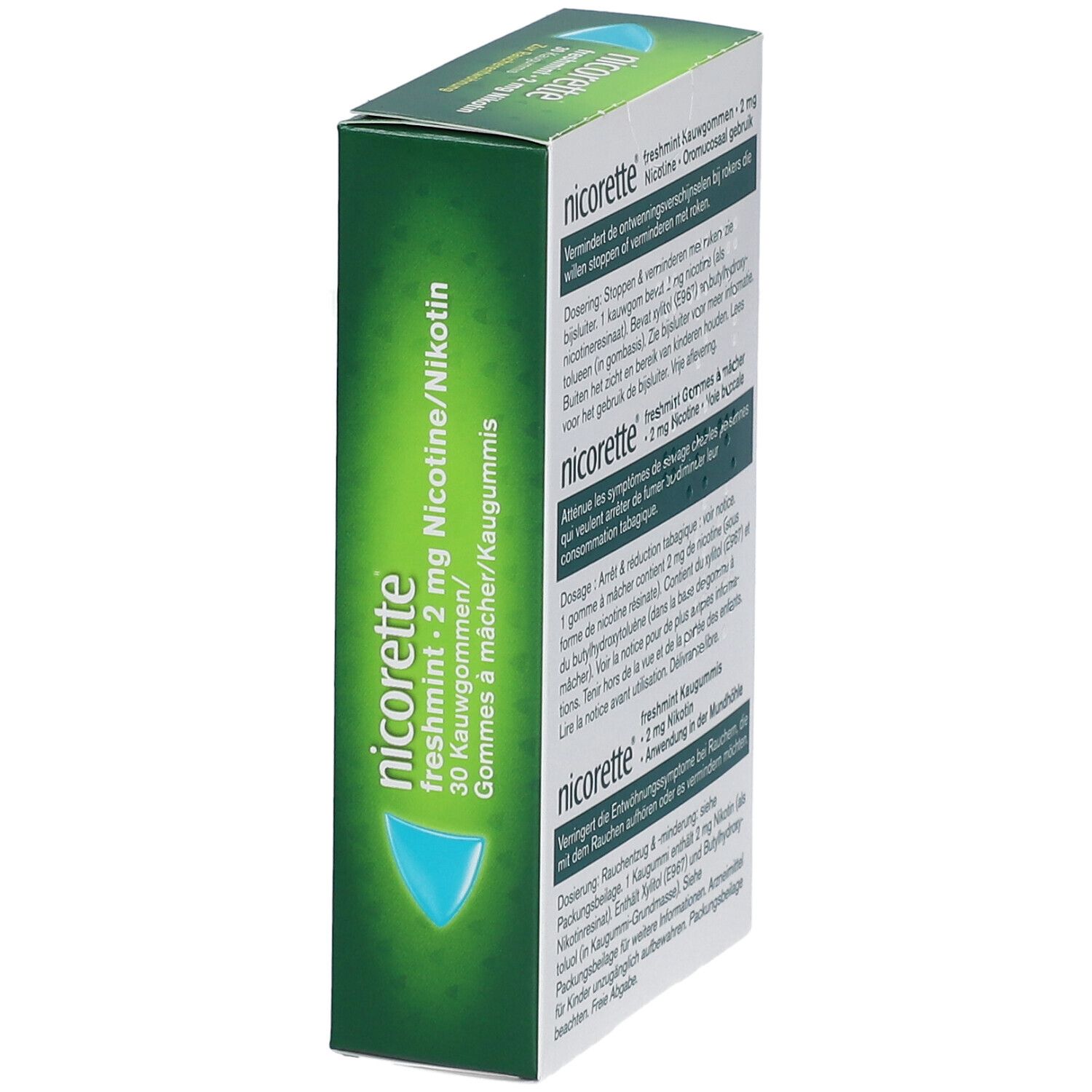 Doosje Nicorette Freshmint 2mg kauwgom. Zijaanzicht, groen, met tekst.