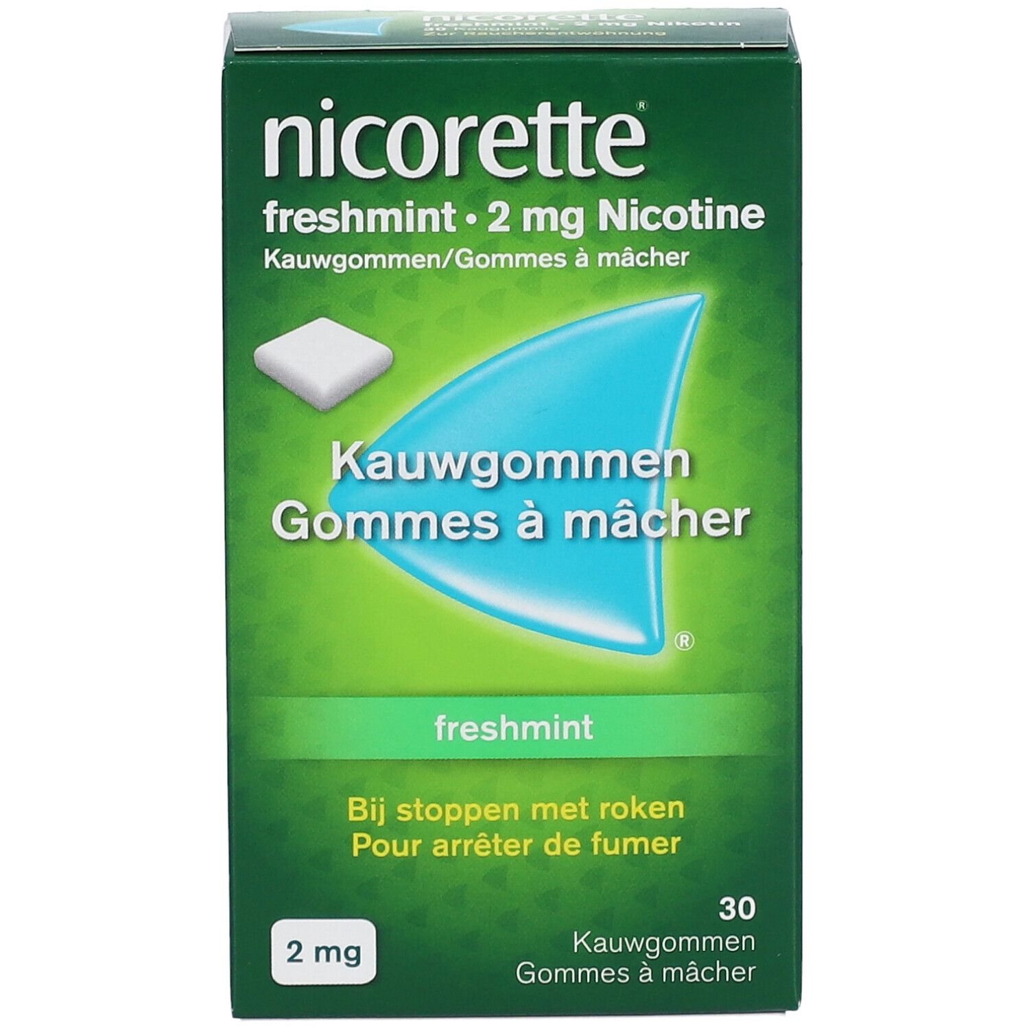 Doosje Nicorette Freshmint 2mg kauwgom. Groen, met wit vierkant kauwgum.