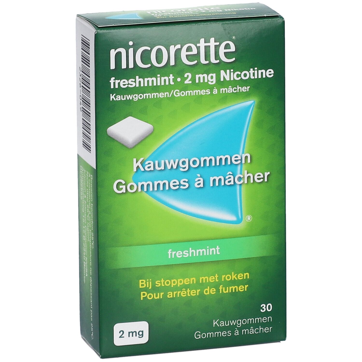 Doosje Nicorette Freshmint 2mg kauwgom. Groen, met wit vierkant kauwgum.