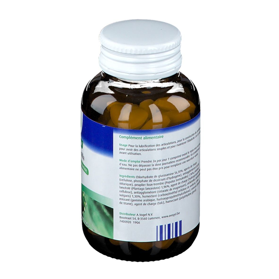 Bruine tabletten in een bruine glazen fles met witte dop. Etiket met tekst.
