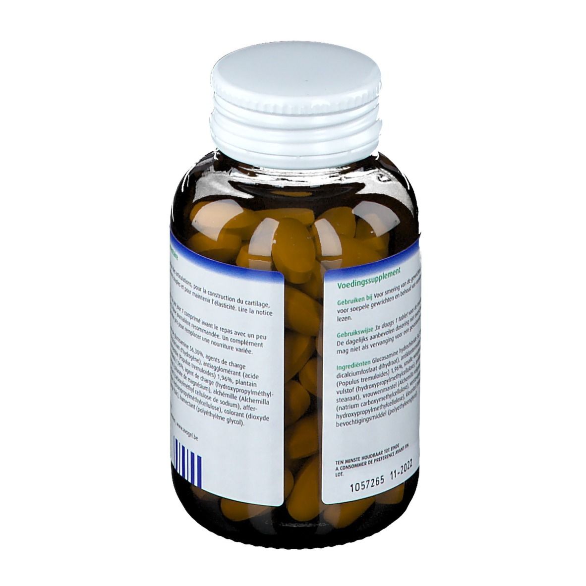 Bruine tabletten in een bruine glazen fles met witte dop. Etiket met tekst.