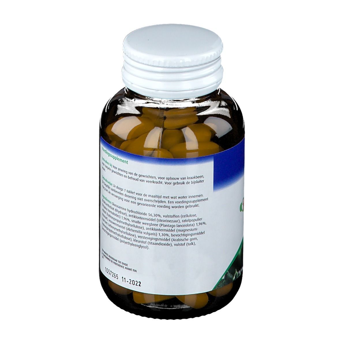 Bruine tabletten in een bruine glazen fles met witte dop. Etiket met tekst.