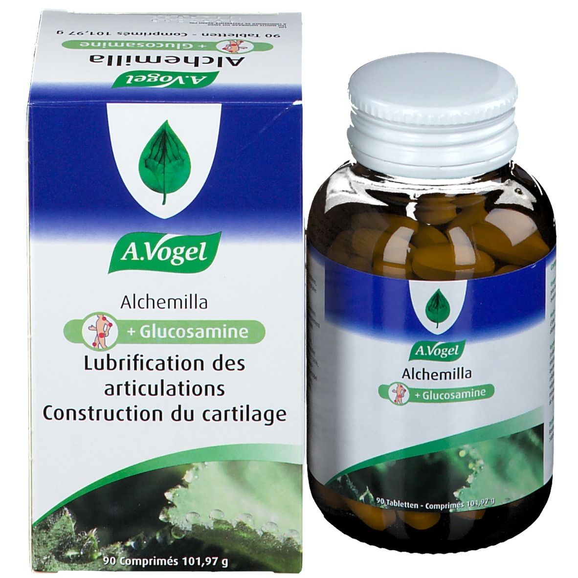 Bruine tabletten in een bruine glazen fles en doos. Opschrift: A.Vogel Alchemilla + Glucosamine.