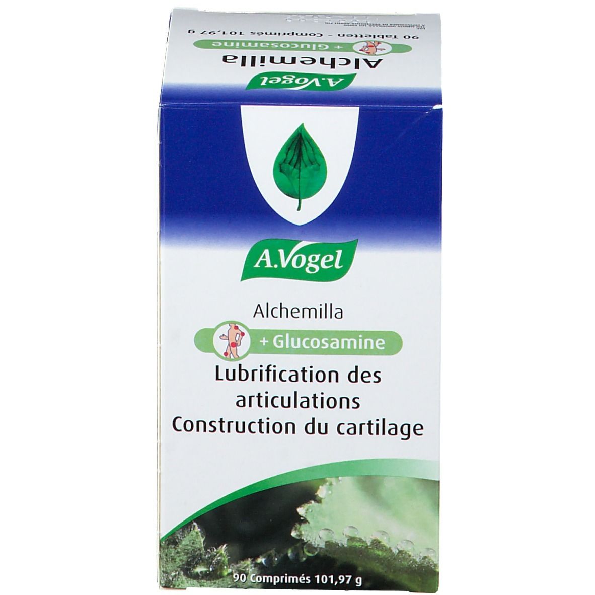 Witte doos met opschrift: A.Vogel Alchemilla + Glucosamine. Tekst: Lubrication des articulations, Construction du cartilage.